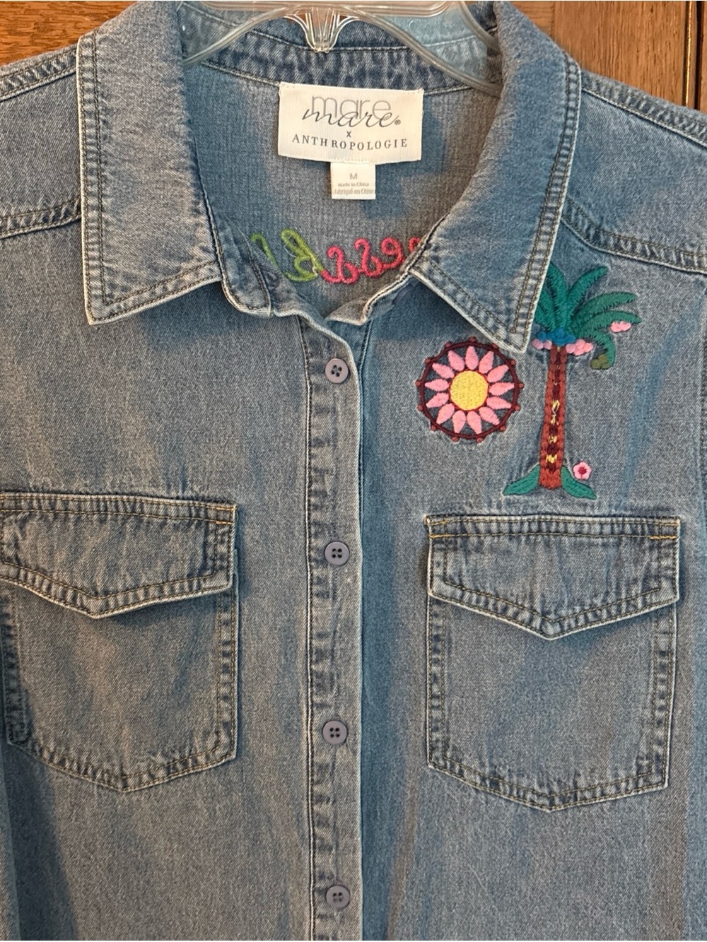 Anthropologie Mare Mare Blue Denim Button-Down Shirt Embroidered Palm & Flower